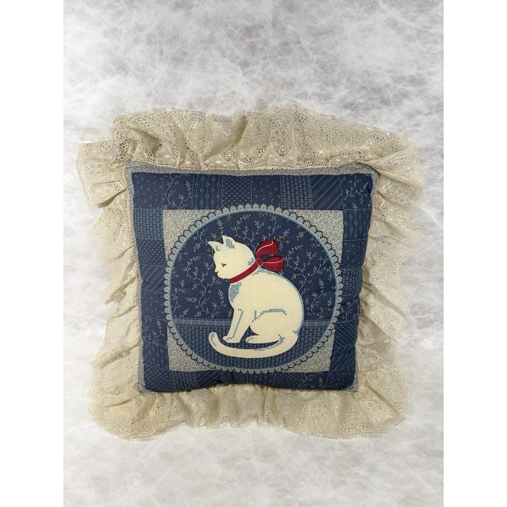 Handmade Cross Stitch Cat‎ Pillow Reversible Cottagecore Lace Trim Folk Art 80s